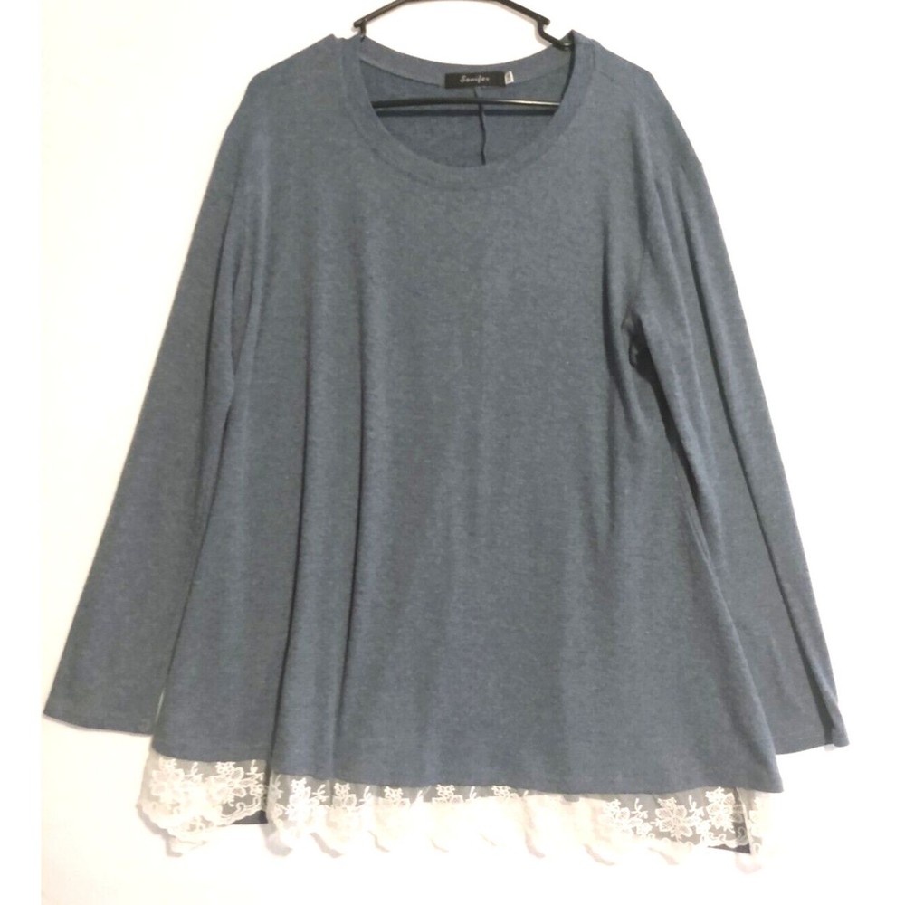 Sanifer Heather Blue Gray White Lace Trim Blouse Tunic XXL FLAW